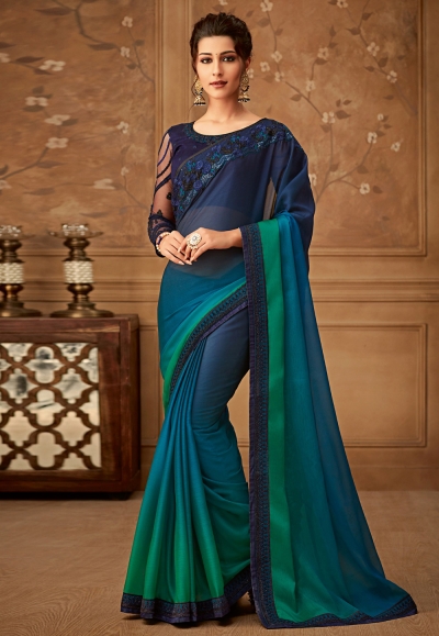 Blue silk embroidered festival wear saree  515